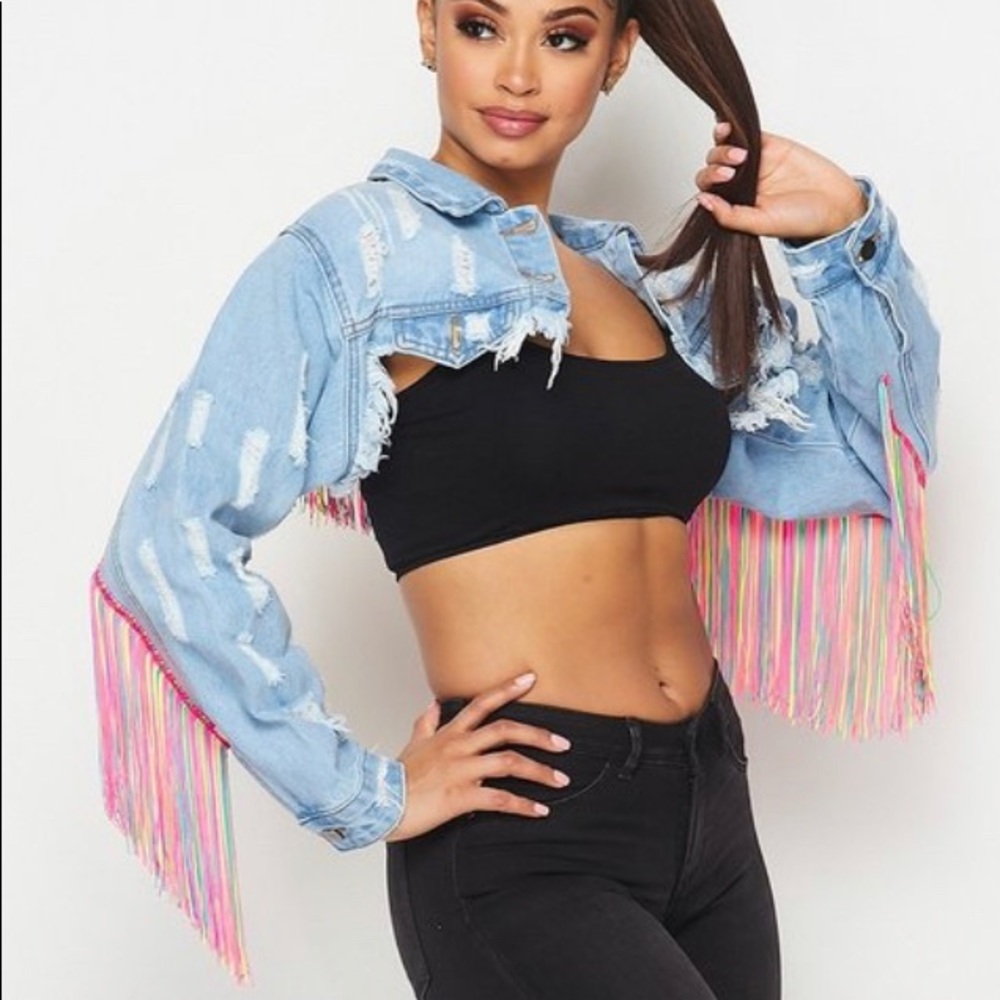 Denim fringe crop jacket